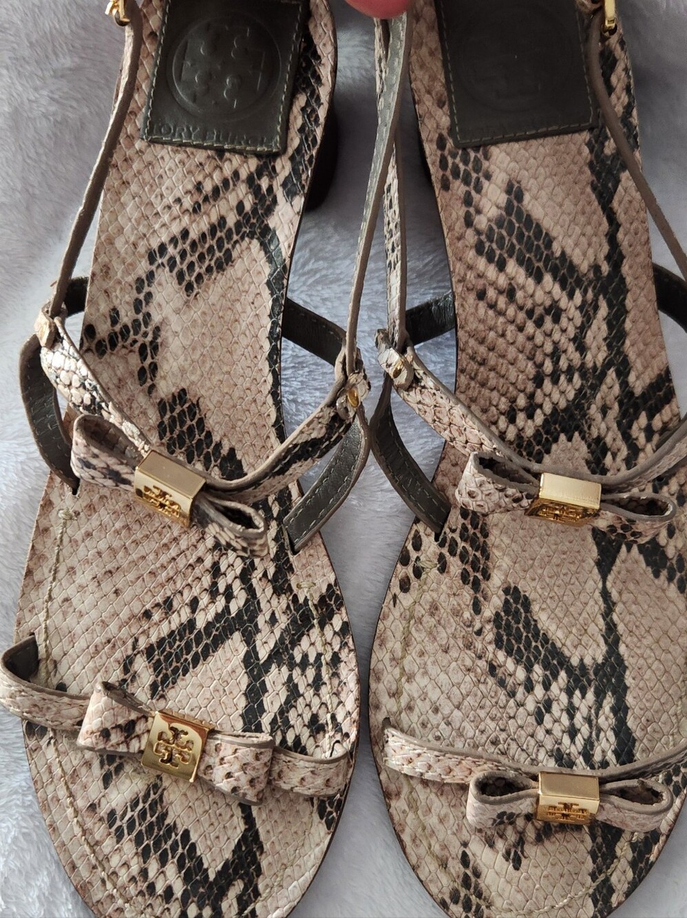 Tory Burch Neutral Snake-Print Bow Flat Sandals with Gold Hardware